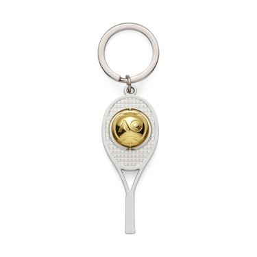 A keyring featuring a silver tennis racquet pendant with a gold spinning tennis ball inside, carrying the AO logo.
