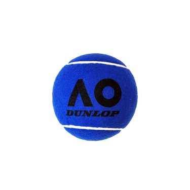A mid jumbo dark blue tennis ball with the AO logo and Dunlop branding printed on it in black.