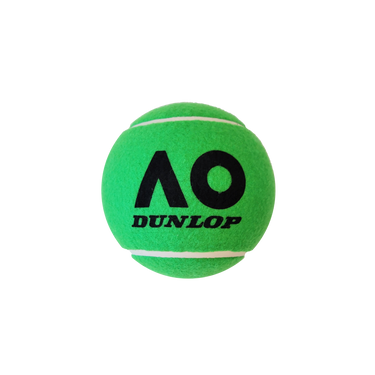 A mid jumbo green tennis ball with the AO logo and Dunlop branding printed on it in black.