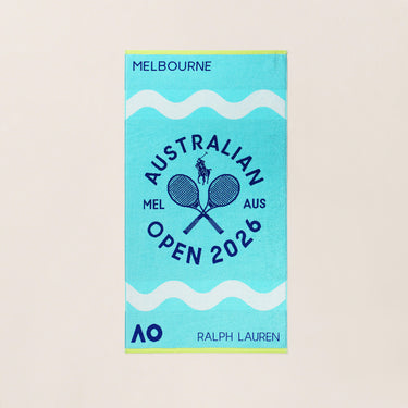 Ralph Lauren towel with 'Australian Open 2026' branding on a beige background
