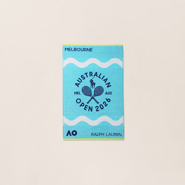 Process Blue Gym Towel with Australian Open 2026 in navy colours, with two rackets and Polo Ralph Lauren logo.