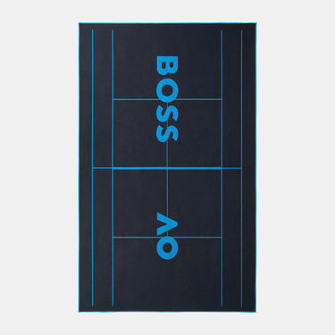 A rectangular black mat featuring a tennis court line design in bright blue, with the word 'BOSS' and 'AO' Logo printed vertically in blue near the top center.