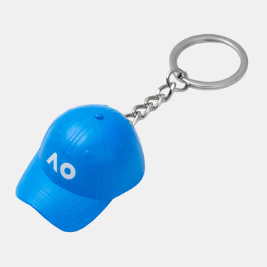 A bright blue novelty baseball cap keychain with a white printed AO logo, attached to a silver metal chain and split ring, shown on a plain grey background.