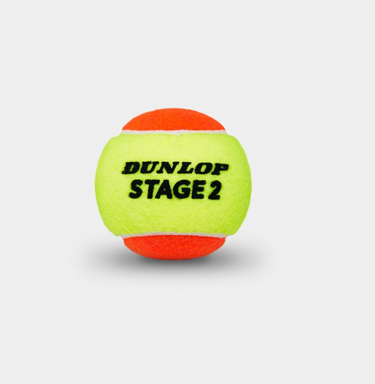 Close up photo of a Dunlop Stage 2 Orange tennis ball, with visible split color design showing DUNLOP STAGE 2 printed in black.