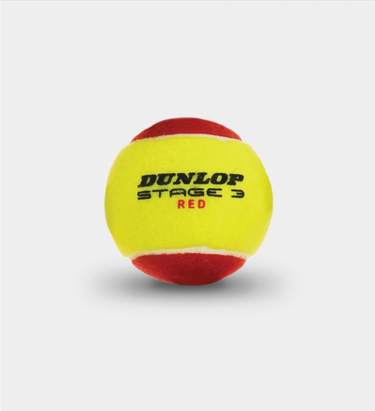 Close up photo of a Dunlop Stage 3 Red tennis ball, with visible split color design showing DUNLOP STAGE 3 RED printed on the tennis ball.