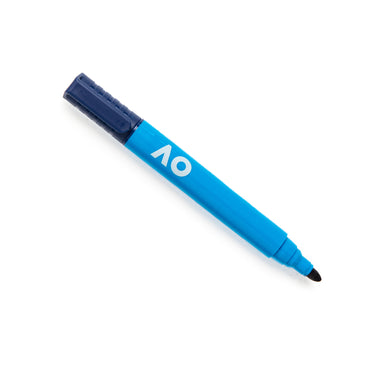 A blue marker pen with the AO logo on the body, cap on the left end, and black tip.
