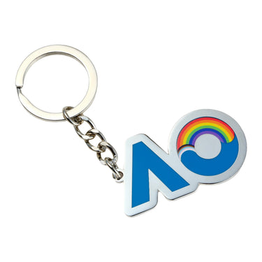 An enamel keyring with a graphic design featuring the AO logo and a pride-inspired rainbow, attached to a metal split key with chain.