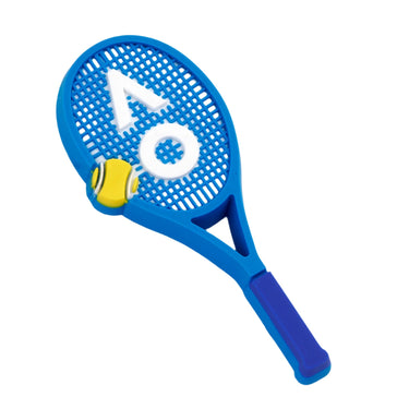 A blue magnet shaped like a tennis racquet with a yellow tennis ball attached to it, featuring the AO logo in white.