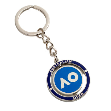 A keyring with a blue and navy colored spinning disk featuring the Australian Open logo.