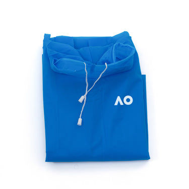 A folded blue rain poncho with a drawstring hood and the 'AO' logo on the front.