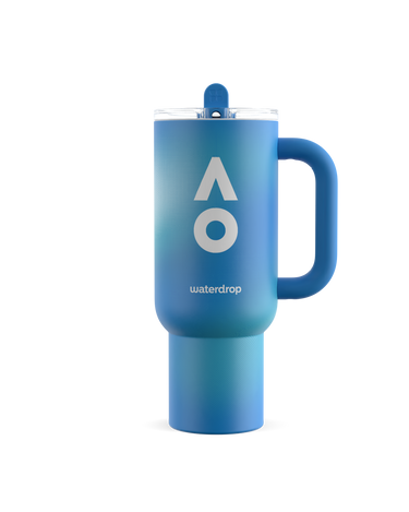 Blue insulated tumbler with handle, white AO logo and waterdrop® branding on a white background