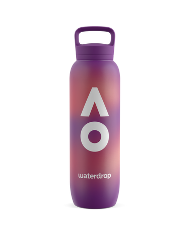 Gradient purple to pink water bottle with white AO logo and waterdrop branding on a white background