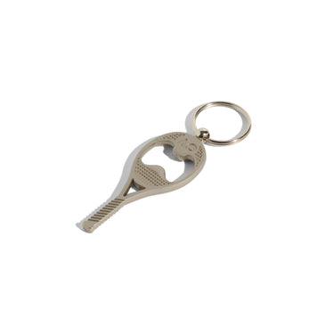 Metal keychain in the shape of a tennis racket, featuring the AO logo engraved and a built-in bottle opener against a white background. 