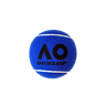 A mid jumbo dark blue tennis ball with the AO logo and Dunlop branding printed on it in black. 
