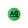 A mid jumbo green tennis ball with the AO logo and Dunlop branding printed on it in black. 