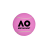 A pink mid-jumbo tennis ball with the AO x Dunlop branding on it.