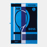 A rectangular woven towel featuring a tennis-themed graphic design with the text 'MELBOURNE', 'AO', and 'BOSS', along with '2027'. The design uses vibrant blue, dark navy, and purple with white accents, and includes a stylized tennis racket and ball motifs.