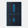 A rectangular black mat featuring a tennis court line design in bright blue, with the word 'BOSS' and 'AO' Logo printed vertically in blue near the top center.