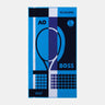 A rectangular beach towel featuring a bold graphic design celebrating the 2027 Australian Open (AO) in Melbourne. The design uses a geometric color-blocked pattern in shades of blue, navy, and white, with a stylized tennis racket, AO logo, tennis ball icon, and the word 'BOSS'.