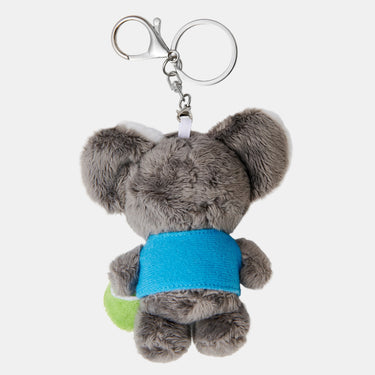A plush koala keychain shown from the back, featuring gray faux fur, a bright blue fabric shirt, a green ball, and a silver metal key ring on a plain white background.