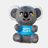 A plush koala toy wearing a bright blue shirt that says 'HAPPY SLAM' with a small yellow lemon graphic, photographed on a clean white background.