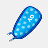 A blue zippered softcase with a tennis ball pattern and the letters 'AO' printed on the front, shown open on a white background.