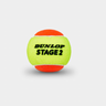 Close up photo of a Dunlop Stage 2 Orange tennis ball, with visible split color design showing DUNLOP STAGE 2 printed in black. 