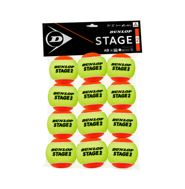 Pack of 12 Dunlop Stage 2 orange and yellow tennis balls in a clear bag with black header packaging.
