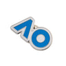 Front view of a lapel pin featuring the AO logo, predominantly blue with a white border, designed for attachment to clothing or accessories.