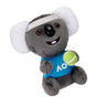 A plush toy koala with a white headband and a blue polo shirt with the AO logo on it, holding a tennis ball.