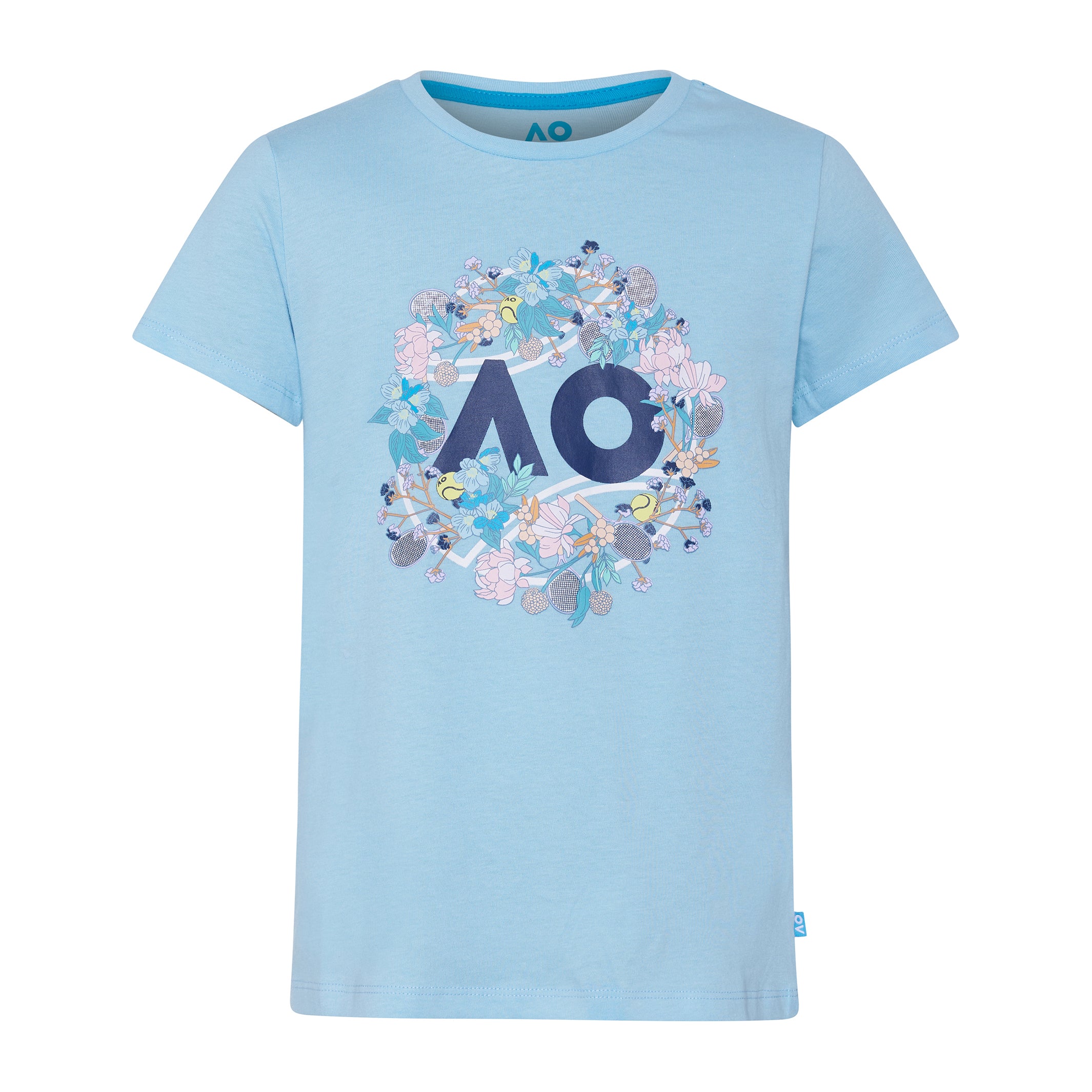 Girl's Blue T-Shirt Flower Logo Front View