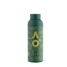 Green water bottle with AO logo and decorative drawings on a white background