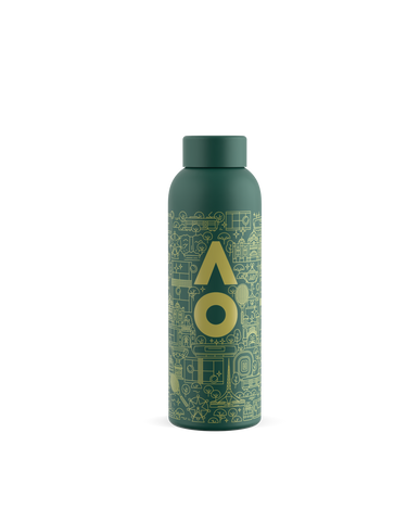 Green water bottle with AO logo and decorative drawings on a white background