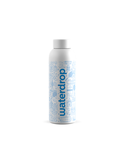 White water bottle with blue decorative drawings and waterdrop® branding on a white background