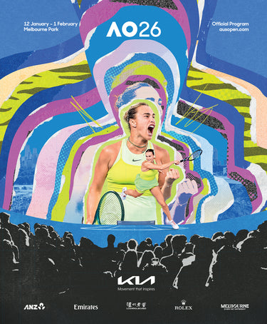 AO 26 tennis tournament program cover with colorful design and player illustration.