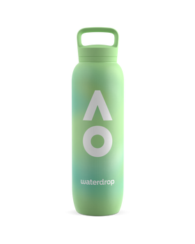 Gradient green water bottle with white AO logo and waterdrop® branding on a white background