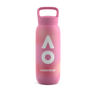 Pink water bottle with white AO logo waterdrop® branding on a white background