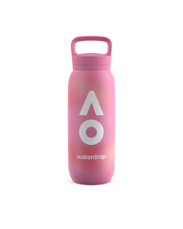 Pink water bottle with white AO logo waterdrop® branding on a white background