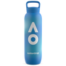 Blue water bottle with gradient design, AO branding and 'waterdrop®' branding on a white background