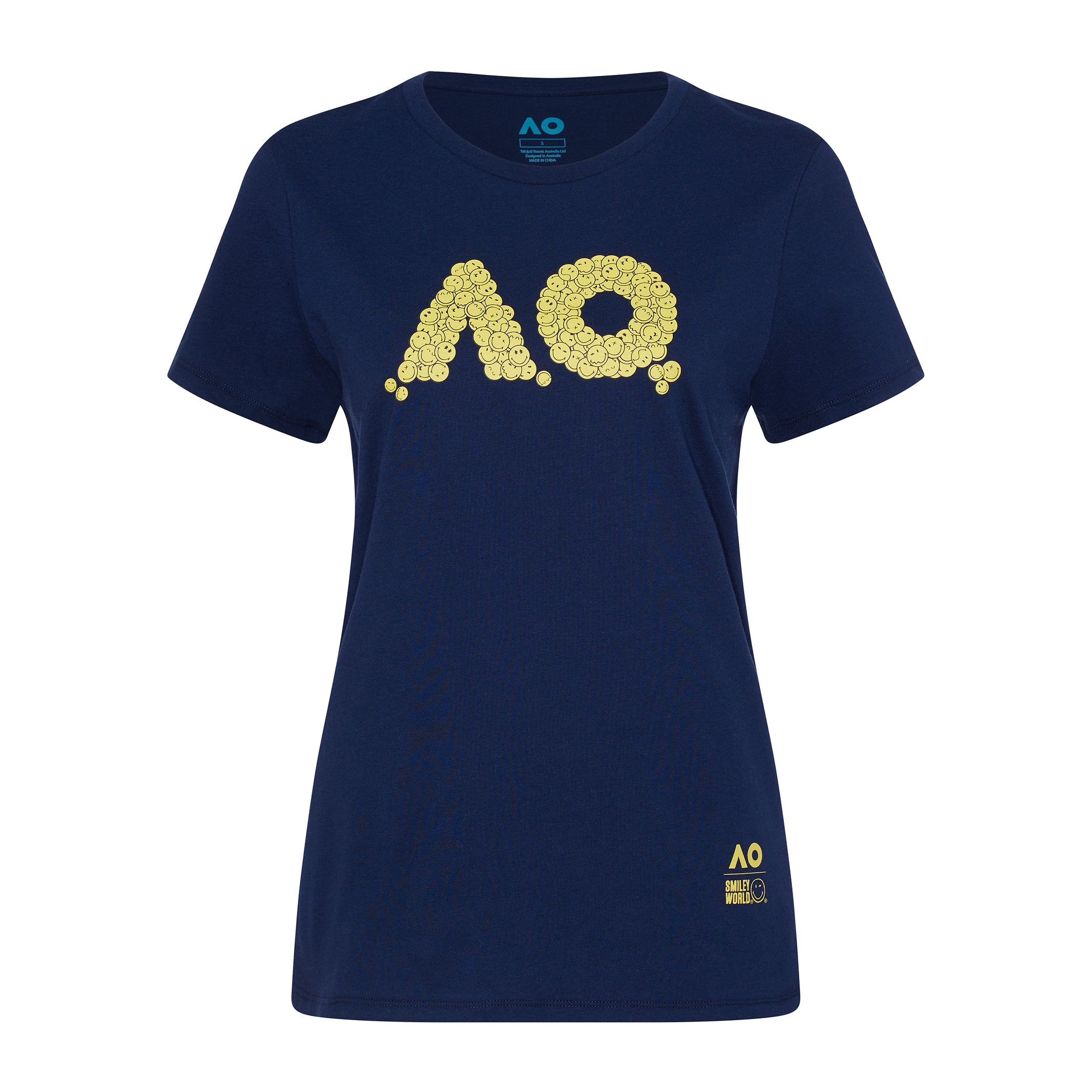 Women's Navy T-Shirt SmileyWorld AO Logo Front View