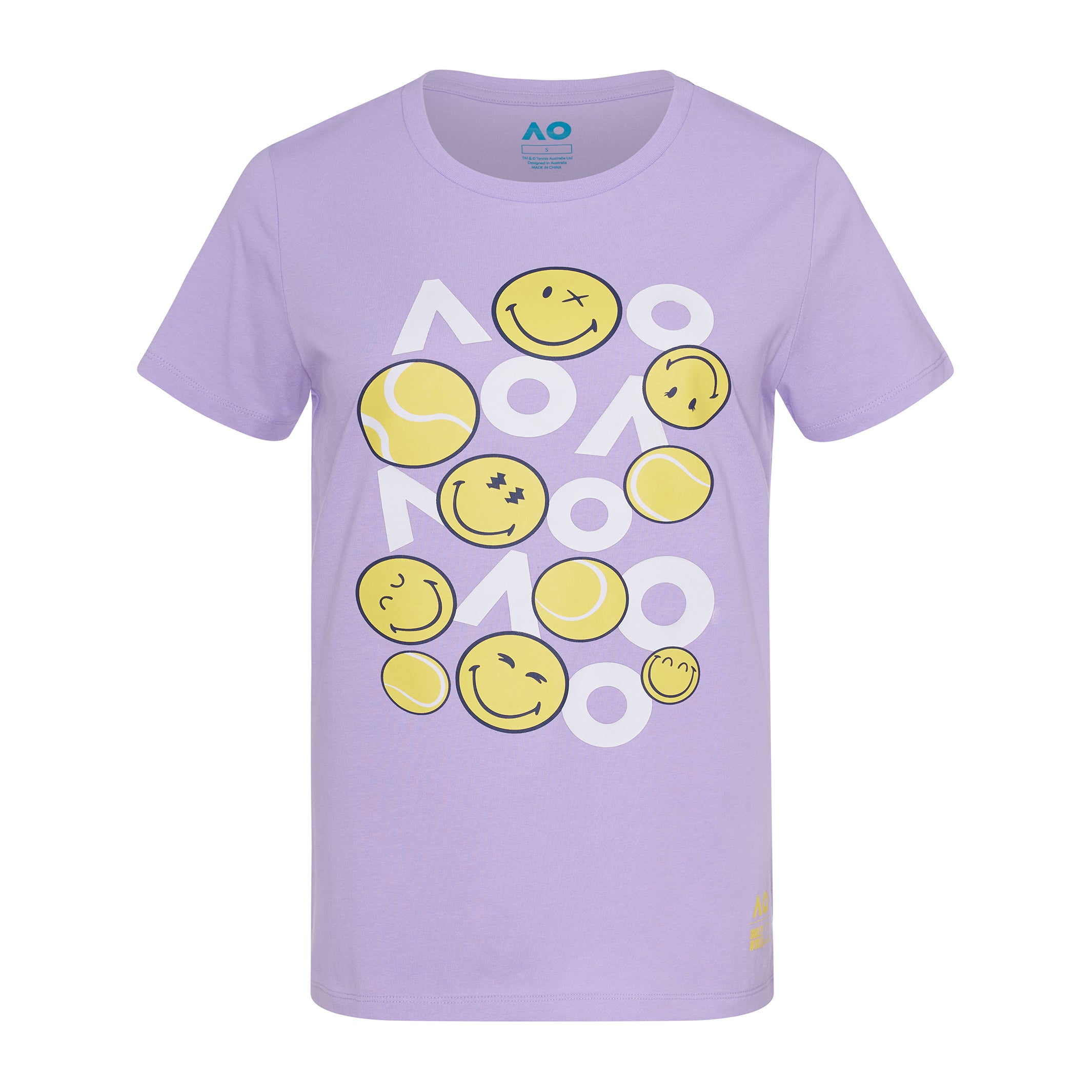 Women's Purple T-Shirt SmileyWorld AO Tennis Balls Front View